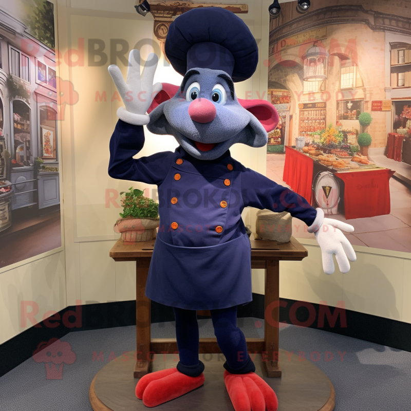 Navy Ratatouille mascot costume character dressed with a Yoga Pants and Hat pins Navy Ratatouille mascot costume character dressed with a Yoga Pants and Hat pins