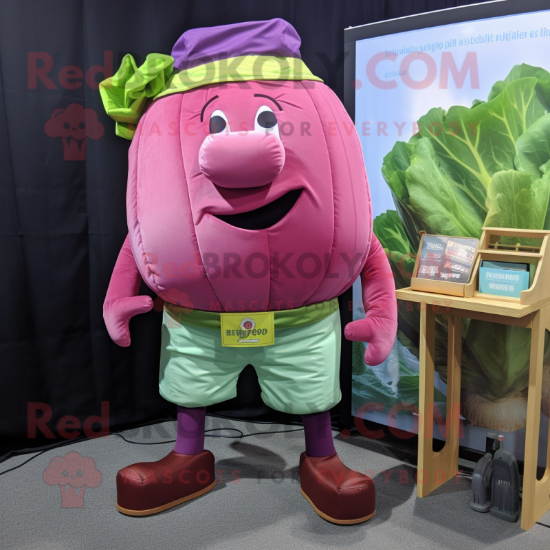 Magenta Corned Beef And Cabbage mascot costume character dressed with a Cargo Shorts and Pocket squares