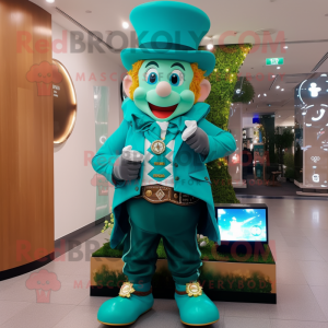 Turquoise Leprechaun mascot costume character dressed with a Waistcoat and Digital watches