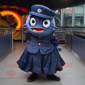 Navy Piranha mascot costume character dressed with a Circle Skirt and Hats