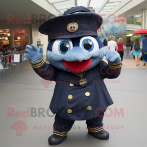 Navy Piranha mascot costume character dressed with a Circle Skirt and Hats