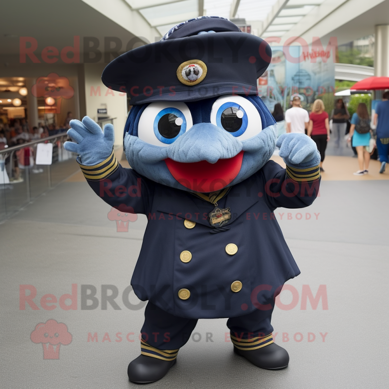 Navy Piranha mascot costume character dressed with a Circle Skirt and Hats Navy Piranha mascot costume character dressed with a Circle Skirt and Hats