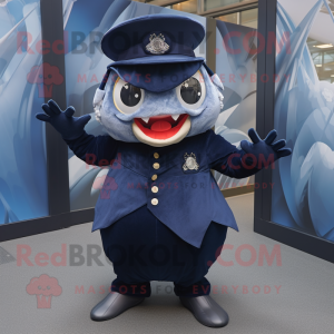 Navy Piranha mascot costume character dressed with a Circle Skirt and Hats