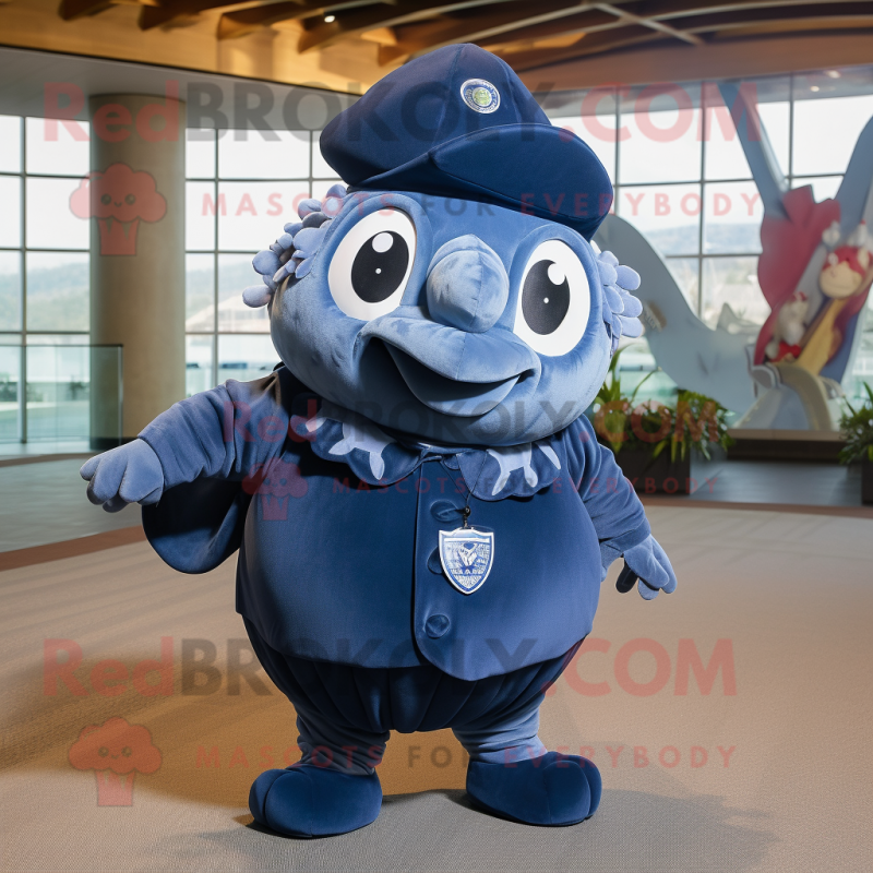 Navy Piranha mascot costume character dressed with a Circle Skirt and Hats