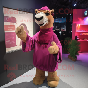 Magenta Camel mascot costume character dressed with a Cardigan and Clutch bags