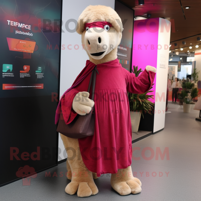 Magenta Camel mascot costume character dressed with a Cardigan and Clutch bags