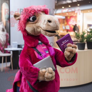 Magenta Camel mascot costume character dressed with a Cardigan and Clutch bags