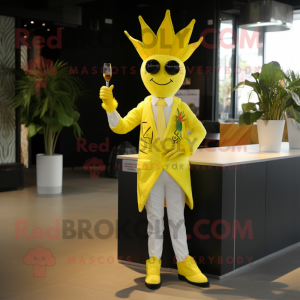 Lemon Yellow King mascot costume character dressed with a Cocktail Dress and Gloves