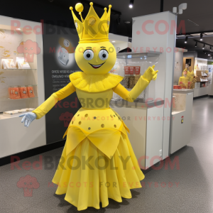 Lemon Yellow King mascot costume character dressed with a Cocktail Dress and Gloves