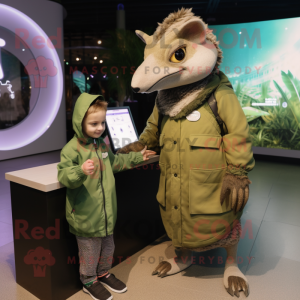 Olive Armadillo mascot costume character dressed with a Windbreaker and Digital watches