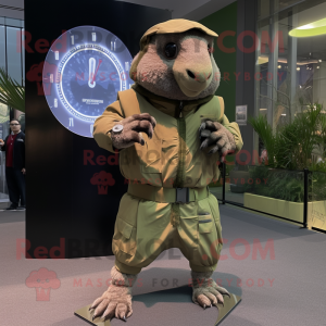 Olive Armadillo mascot costume character dressed with a Windbreaker and Digital watches