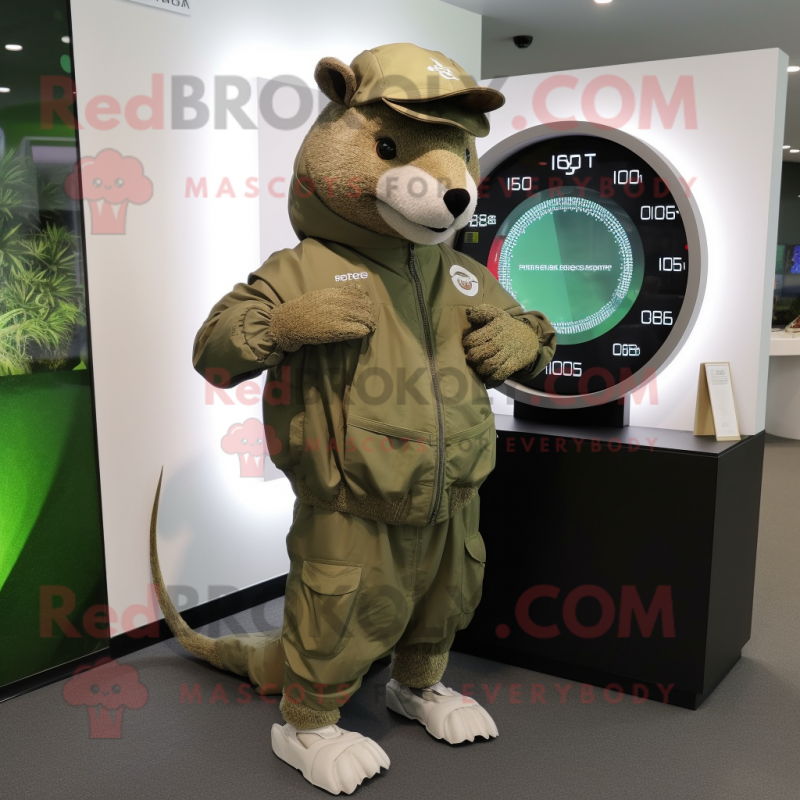 Olive Armadillo mascot costume character dressed with a Windbreaker and Digital watches