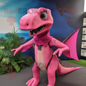 Pink Dimorphodon mascot costume character dressed with a Rash Guard and Wraps