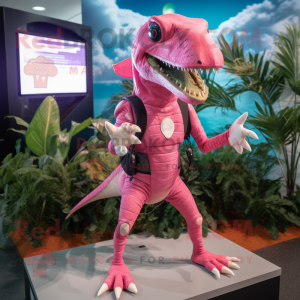 Pink Dimorphodon mascot costume character dressed with a Rash Guard and Wraps