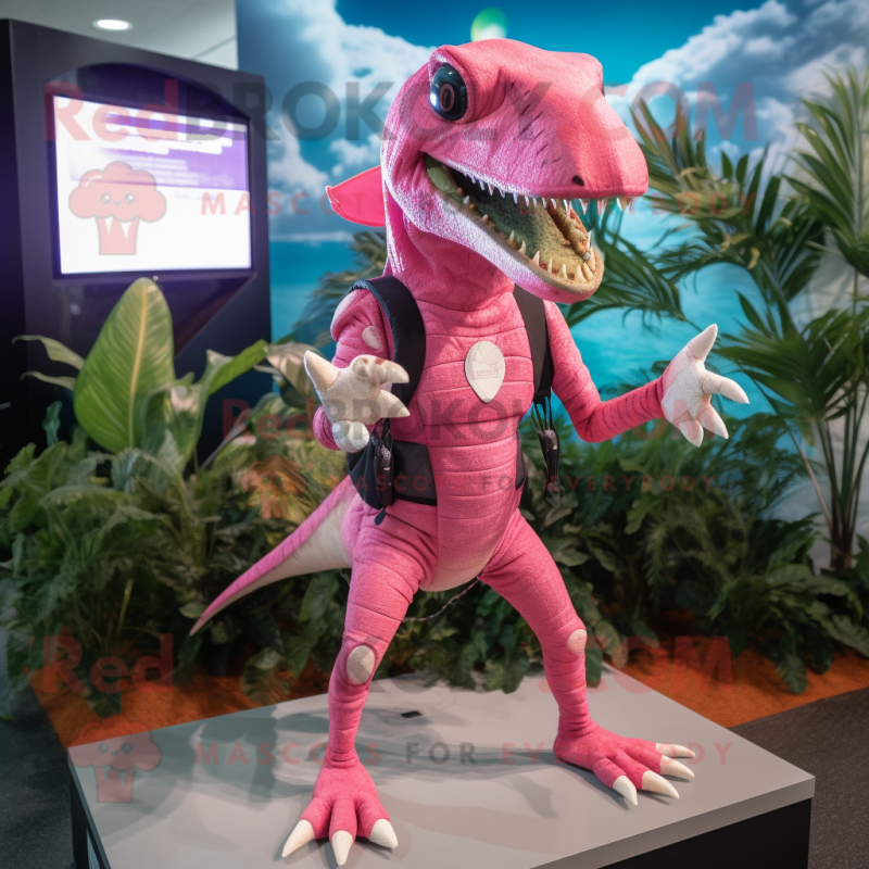 Pink Dimorphodon mascot costume character dressed with a Rash Guard and Wraps Pink Dimorphodon mascot costume character dressed with a Rash Guard and Wraps