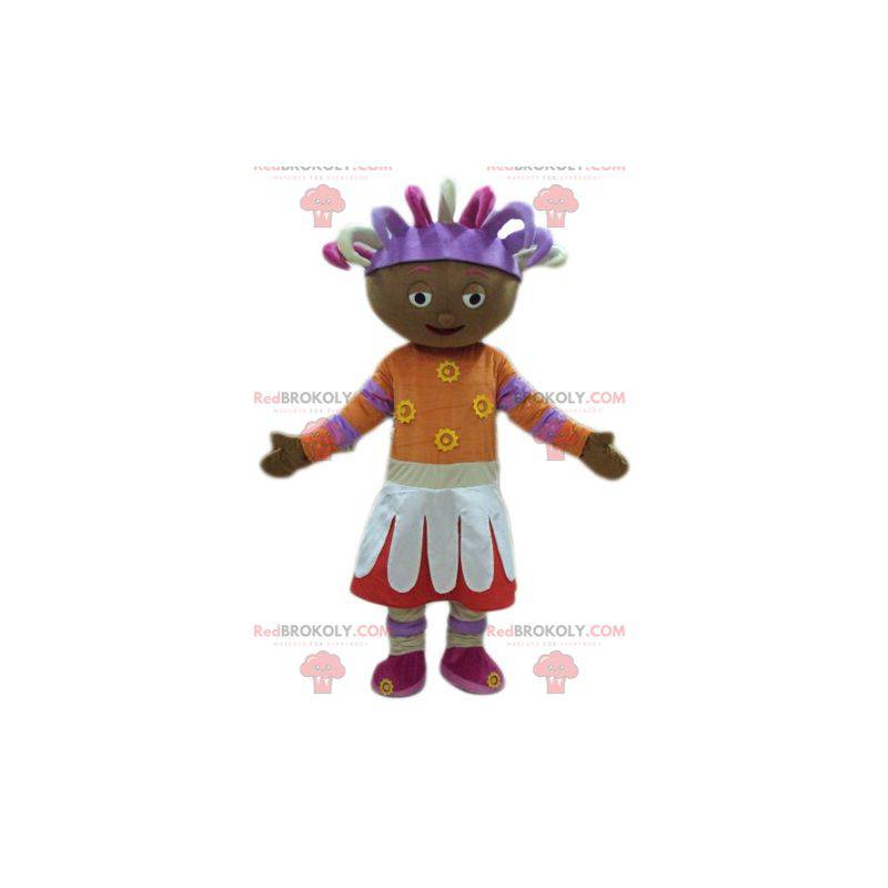Mascota de niña africana en traje colorido - Redbrokoly.com