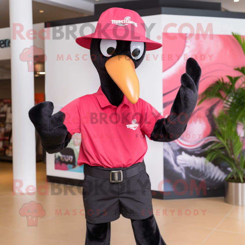 Black Flamingo mascot costume character dressed with a Jeggings and Hat pins