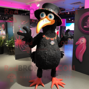 Black Flamingo mascot costume character dressed with a Jeggings and Hat pins