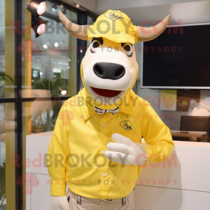 Lemon Yellow Beef Stroganoff mascot costume character dressed with a Oxford Shirt and Cufflinks