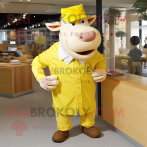 Lemon Yellow Beef Stroganoff mascot costume character dressed with a Oxford Shirt and Cufflinks