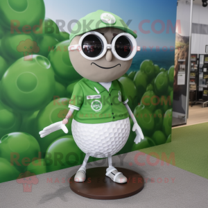 Olive Golf Ball mascot costume character dressed with a Graphic Tee and Eyeglasses