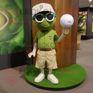 Olive Golf Ball mascot costume character dressed with a Graphic Tee and Eyeglasses