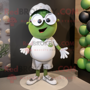 Olive Golf Ball mascot costume character dressed with a Graphic Tee and Eyeglasses