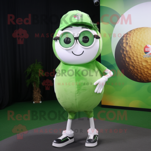 Olive Golf Ball mascot costume character dressed with a Graphic Tee and Eyeglasses