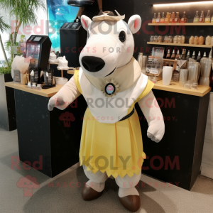 Cream Tapir mascot costume character dressed with a Cocktail Dress and Messenger bags