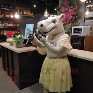 Cream Tapir mascot costume character dressed with a Cocktail Dress and Messenger bags