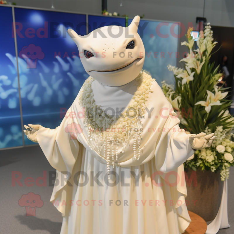 Cream Manta Ray mascot costume character dressed with a Wedding Dress and Necklaces