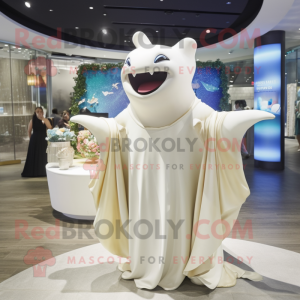 Cream Manta Ray mascot costume character dressed with a Wedding Dress and Necklaces