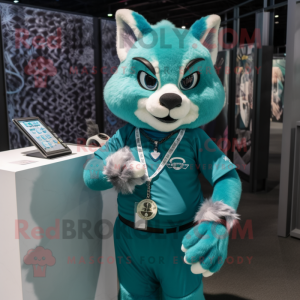 Teal Lynx mascot costume character dressed with a V-Neck Tee and Bracelet watches