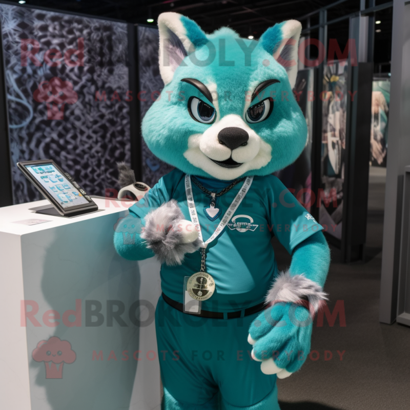 Teal Lynx mascot costume character dressed with a V-Neck Tee and Bracelet watches Teal Lynx mascot costume character dressed with a V-Neck Tee and Bracelet watches