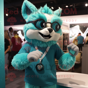Teal Lynx mascot costume character dressed with a V-Neck Tee and Bracelet watches