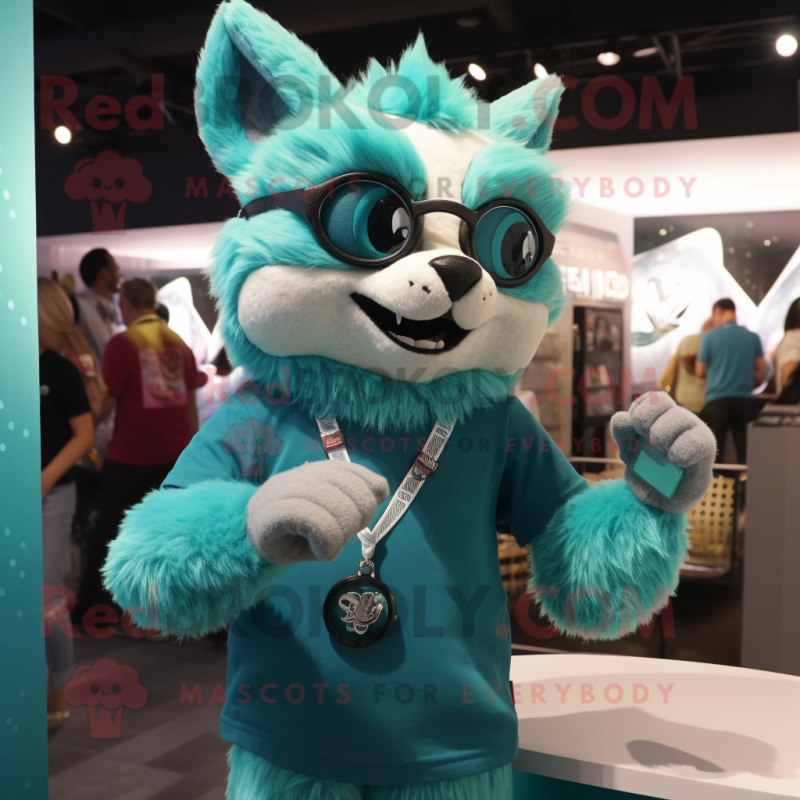 Teal Lynx mascot costume character dressed with a V-Neck Tee and Bracelet watches Teal Lynx mascot costume character dressed with a V-Neck Tee and Bracelet watches