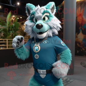 Teal Lynx mascot costume character dressed with a V-Neck Tee and Bracelet watches