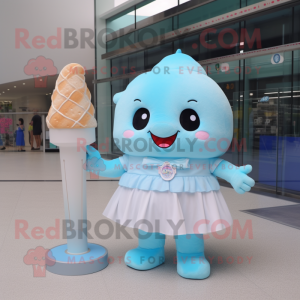 Sky Blue Ice Cream mascot costume character dressed with a Mini Skirt and Lapel pins