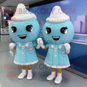 Sky Blue Ice Cream mascot costume character dressed with a Mini Skirt and Lapel pins