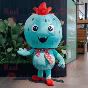 Turquoise Strawberry mascot costume character dressed with a Chinos and Hairpins