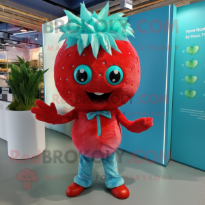 Turquoise Strawberry mascot costume character dressed with a Chinos and Hairpins