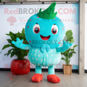 Turquoise Strawberry mascot costume character dressed with a Chinos and Hairpins