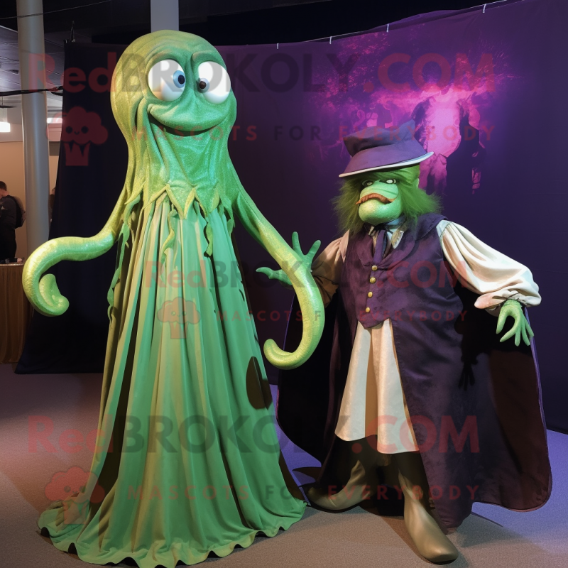 Olive Kraken mascot costume character dressed with a Evening Gown and Ties