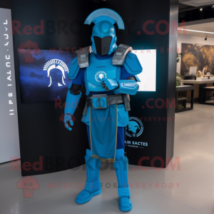 Blue Spartan Soldier mascot costume character dressed with a Graphic Tee and Lapel pins