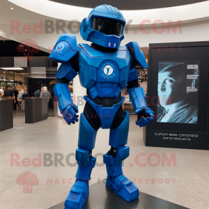 Blue Spartan Soldier mascot costume character dressed with a Graphic Tee and Lapel pins