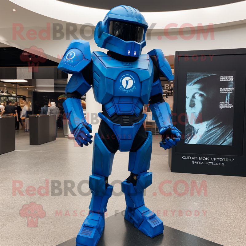 Blue Spartan Soldier mascot costume character dressed with a Graphic Tee and Lapel pins