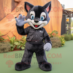 Black Fox mascot costume character dressed with a Boyfriend Jeans and Foot pads