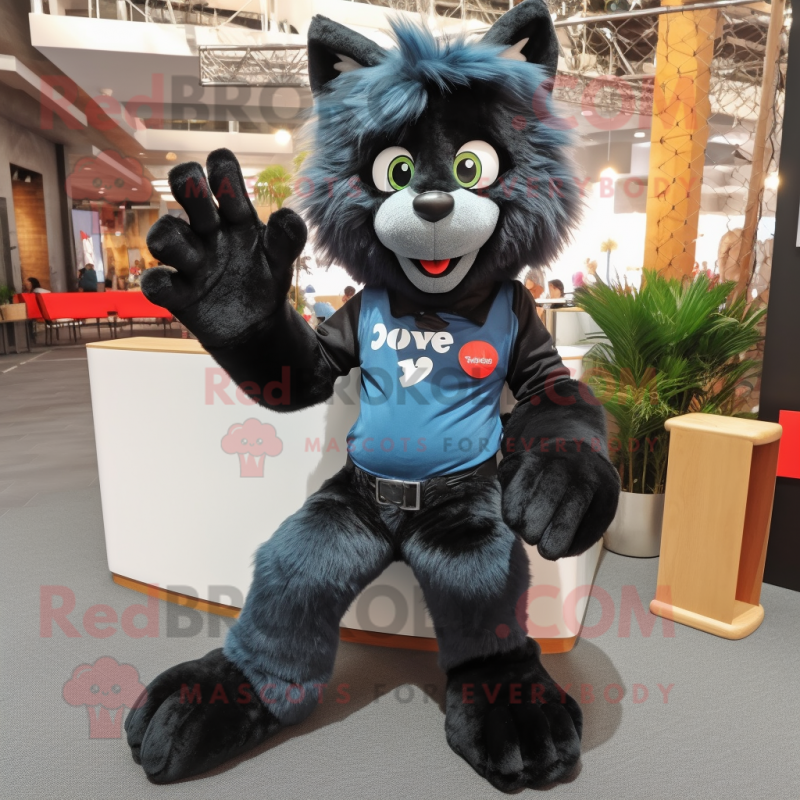 Black Fox mascot costume character dressed with a Boyfriend Jeans and Foot pads Black Fox mascot costume character dressed with a Boyfriend Jeans and Foot pads