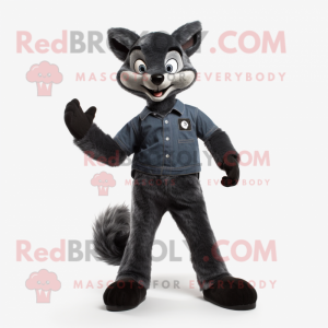 Black Fox mascot costume character dressed with a Boyfriend Jeans and Foot pads