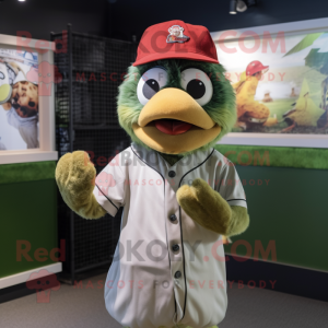 Olive Tandoori Chicken mascot costume character dressed with a Baseball Tee and Hat pins